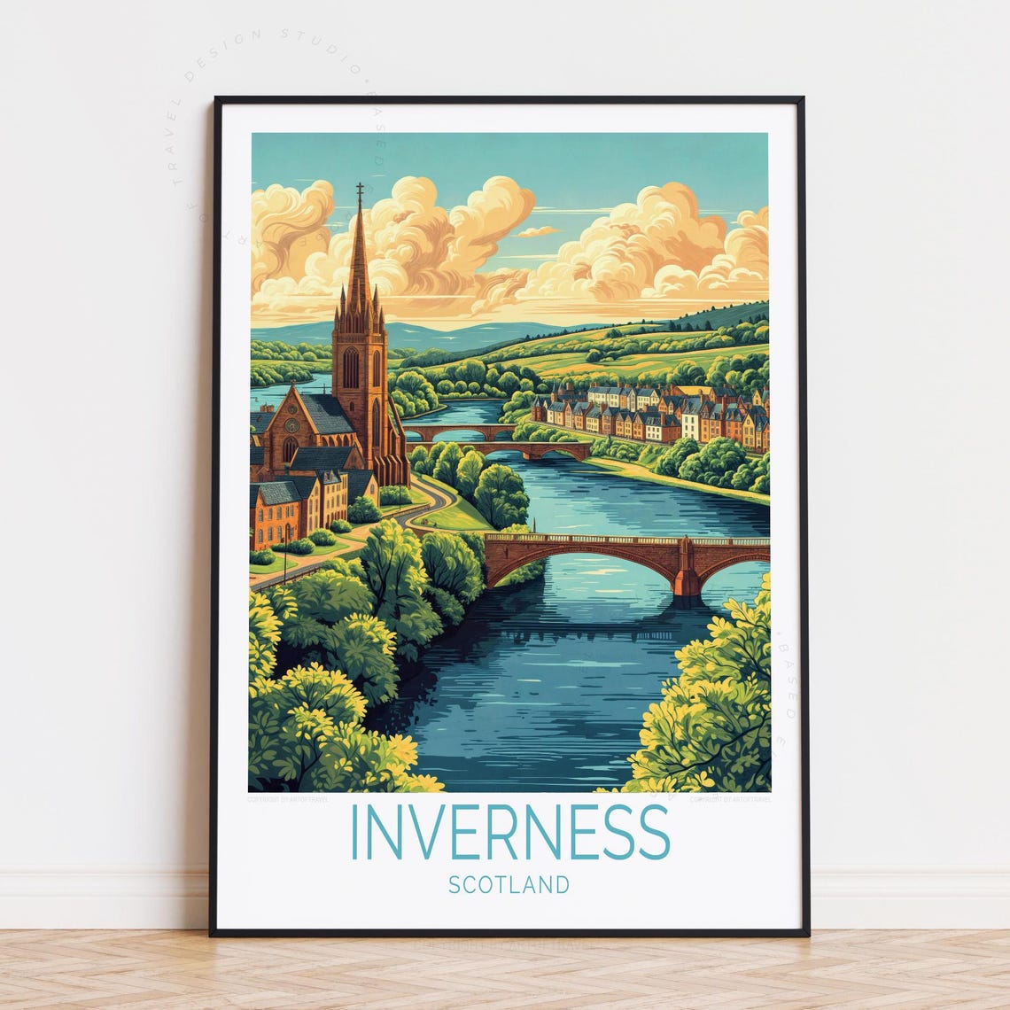 Inverness Scotland Cathedral River Ness Bridges Travel Poster