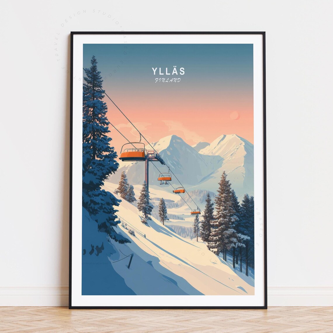 Yllas Finland Ski Chairlift Snowy Peaks Sunset Vintage Travel Poster