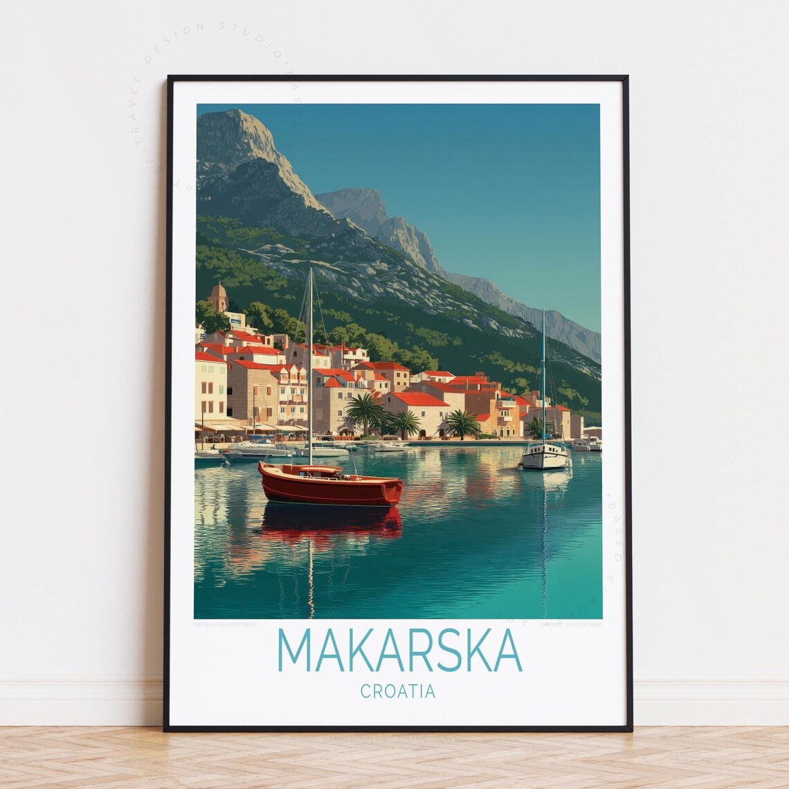 Makarska Croatia Sailboat Harbor Mountain Coastal Travel Poster
