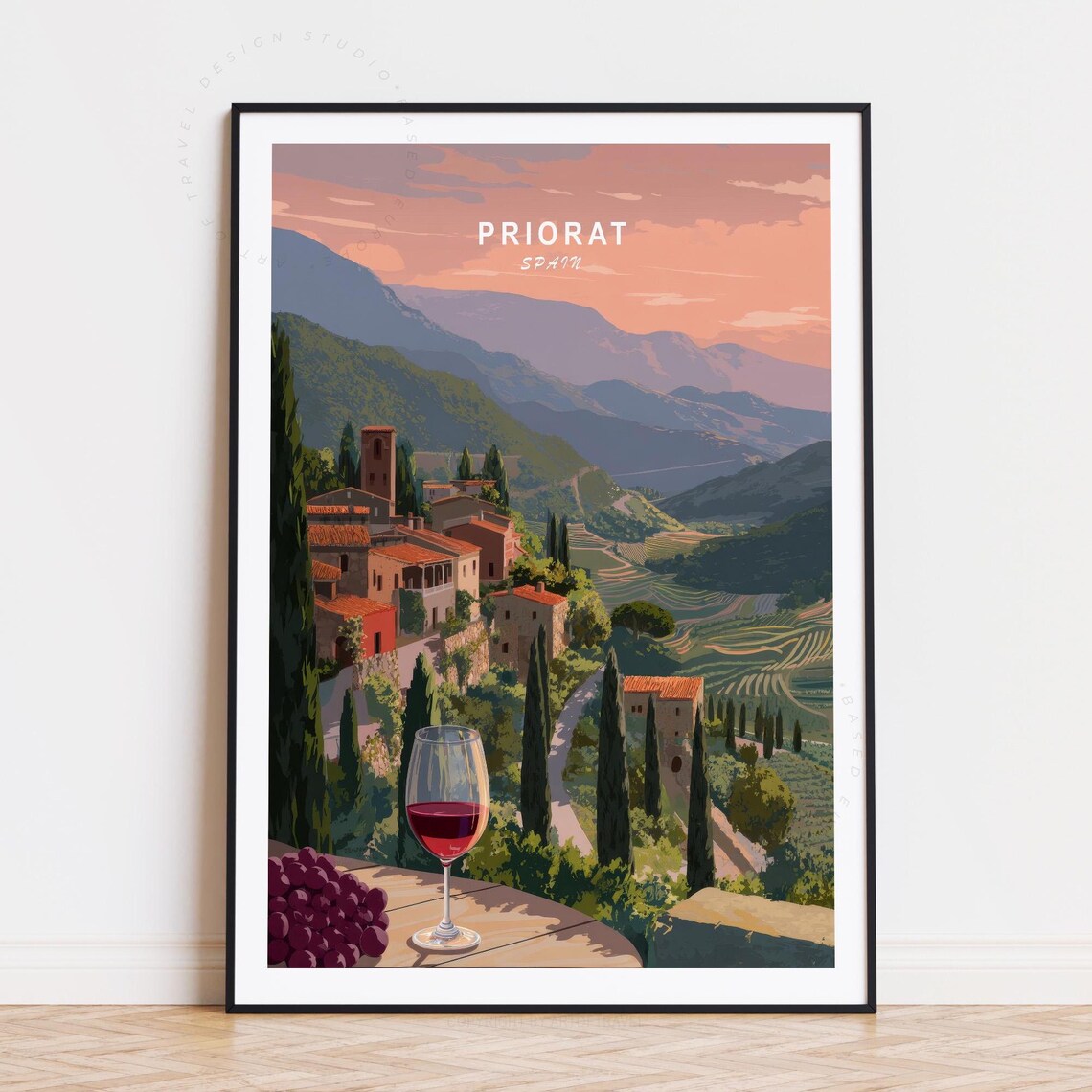 Priorat Spain Vineyard Village Cypress Sunset Wine Glass Poster
