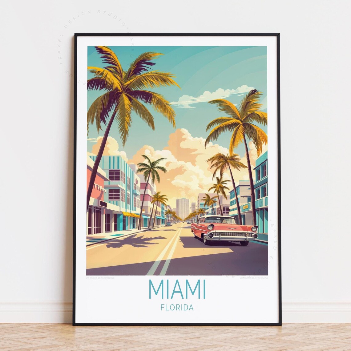 Miami Florida Art Deco Street Scene Vintage Classic Car Poster
