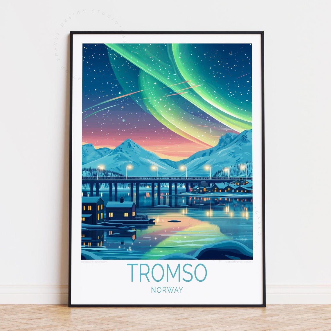 Tromso Norway Northern Lights Over Arctic Harbor Night Travel Poster