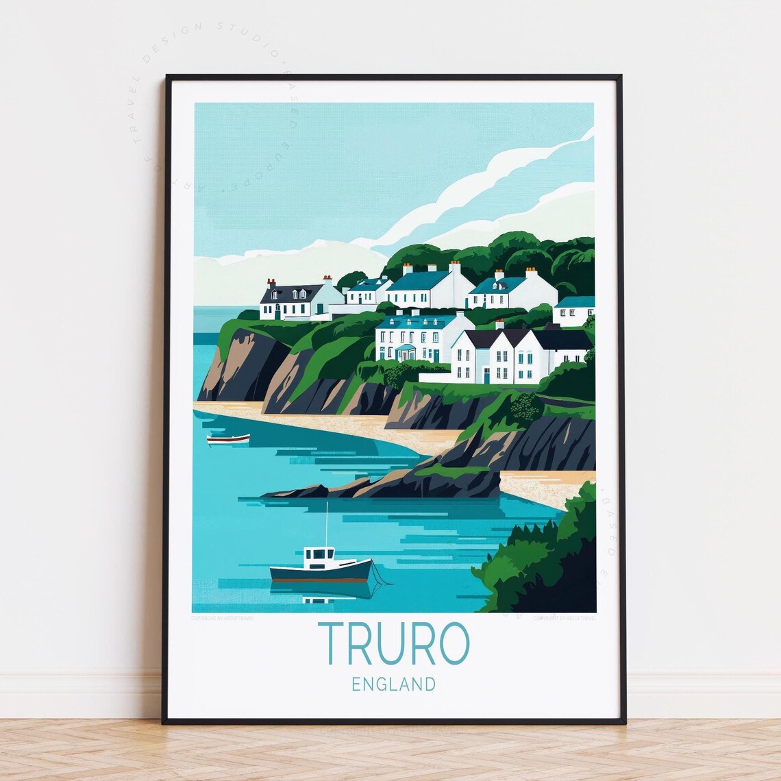 Truro England Coastal Cliffs White Houses Turquoise Bay Poster