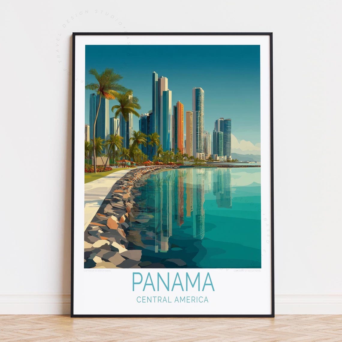 Panama Central America City Skyline Waterfront Retro Travel Poster