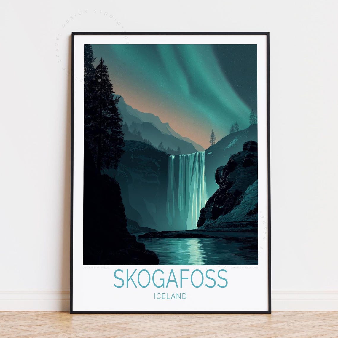 Skogafoss Iceland Waterfall Northern Lights Night Sky Poster
