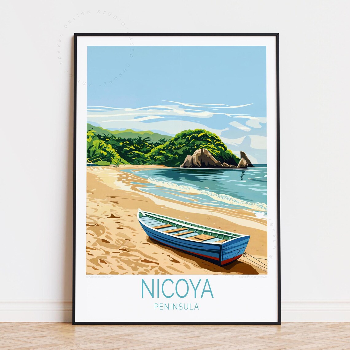 Nicoya Peninsula Costa Rica Blue Boat Beach Vintage Travel Poster