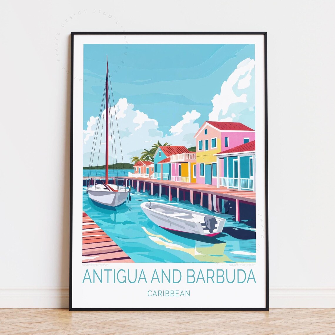 Antigua and Barbuda Harbor Sailboats Colorful Town Travel Poster