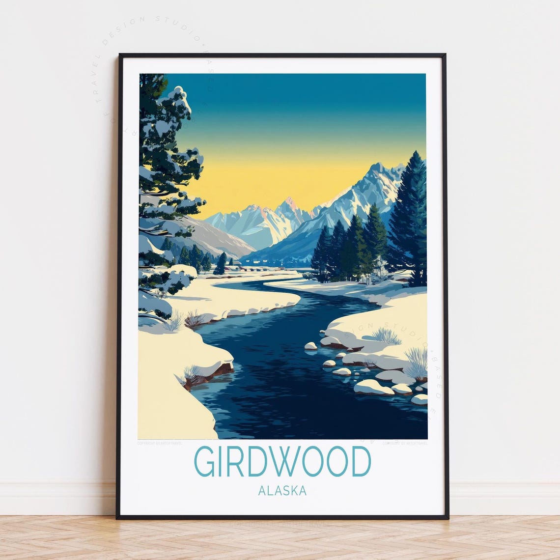 Girdwood Alaska Winter River Stones Snowy Mountain Peaks Poster