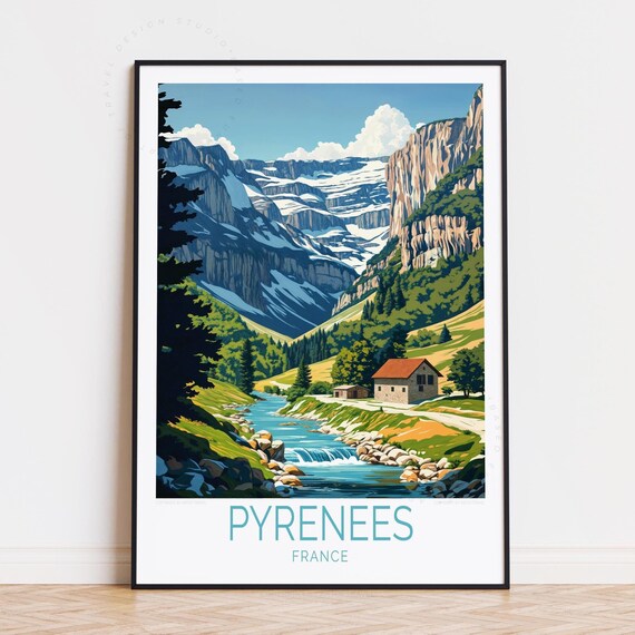 Pyrenees France Alpine Valley Stream Stone Hut Snowy Cliffs Poster