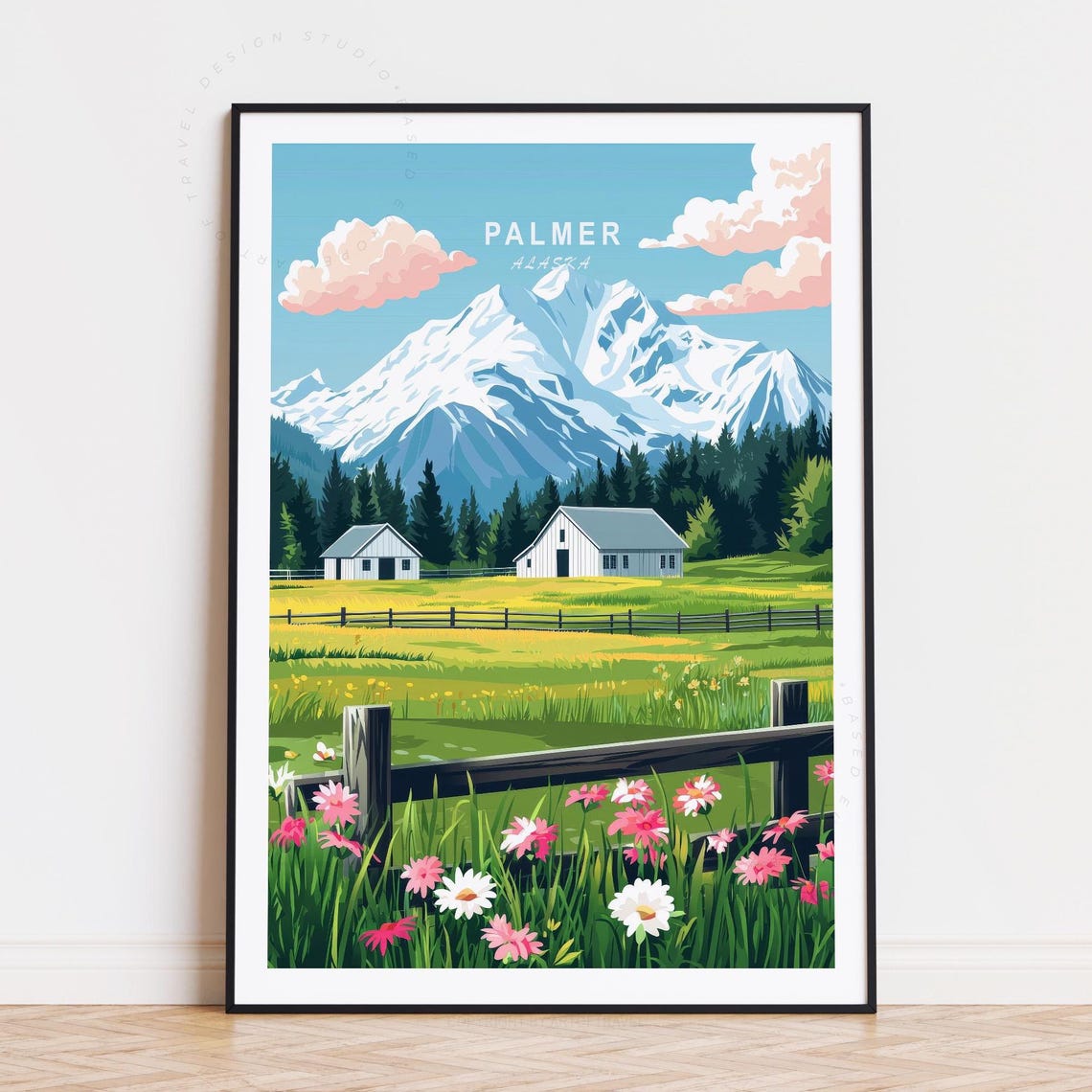 Palmer Alaska Farm Valley Snow Capped Mountain Summer Travel Poster