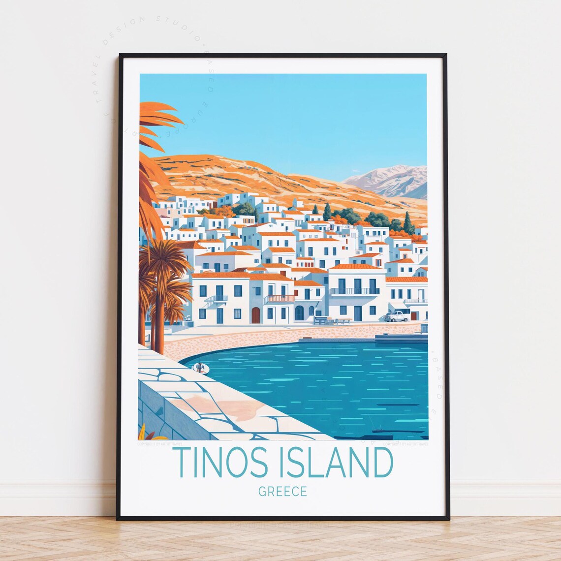Tinos Island Greece White Village Harbor Cycladic Travel Art Poster