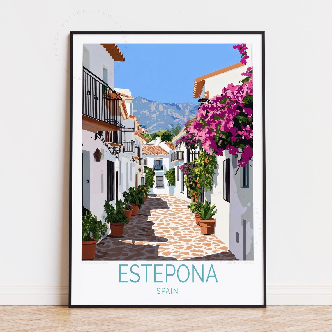 Estepona Spain Whitewashed Street Bougainvillea Travel Art Poster