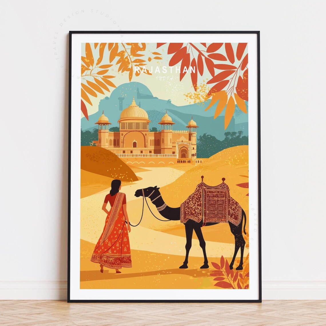Rajasthan India Golden Palace Camel Sari Desert Travel Poster