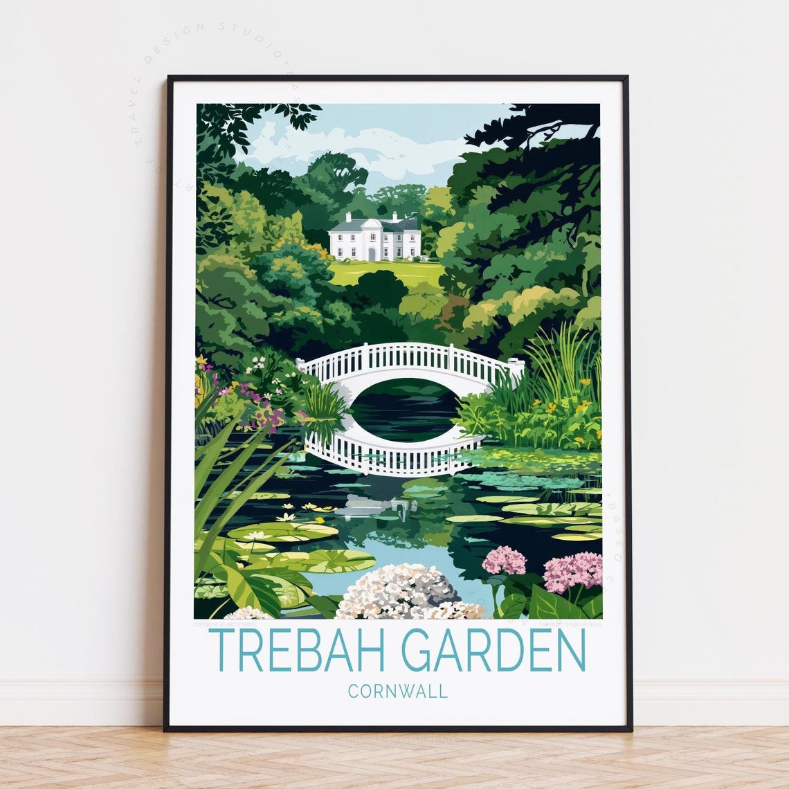 Trebah Garden Cornwall England Vintage Travel Poster White Bridge