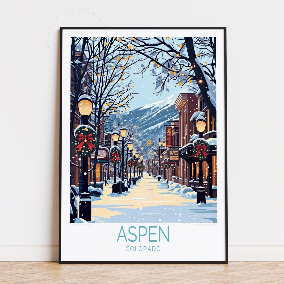 Aspen Colorado Winter Evening Snow Lamps Mountain Town Travel Poster