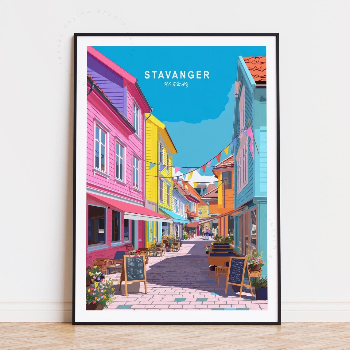 Stavanger Norway Colorful Old Town Street Cafes Bunting Poster