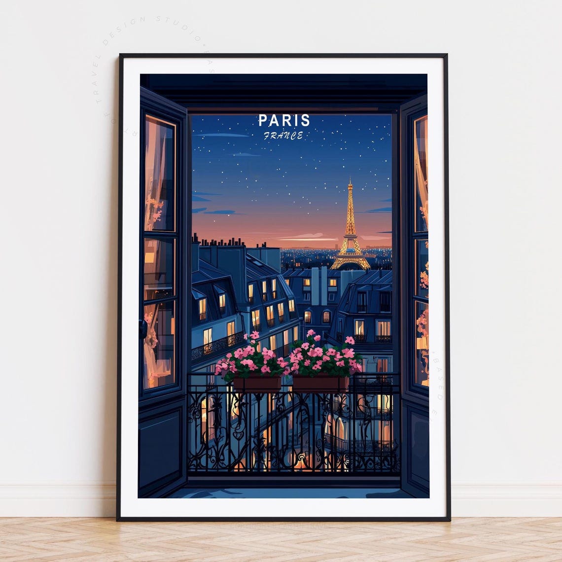 Paris France Eiffel Tower Balcony View Dusk Skyline Travel Poster