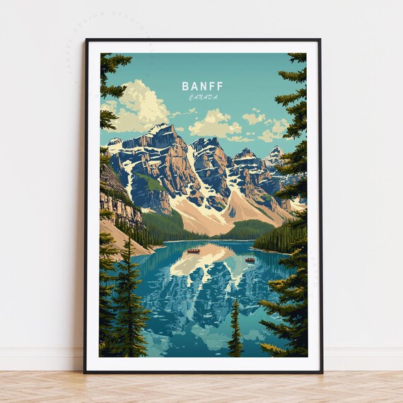 Banff Canada Turquoise Lake Canoes Mountain Reflection Travel Poster