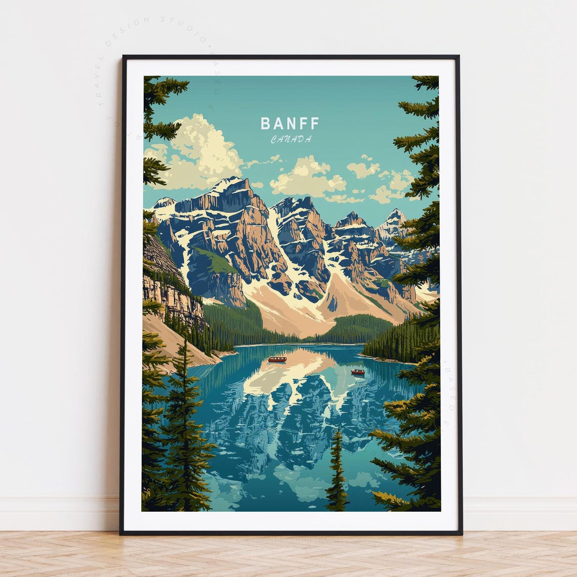 Banff Canada Turquoise Lake Canoes Mountain Reflection Travel Poster