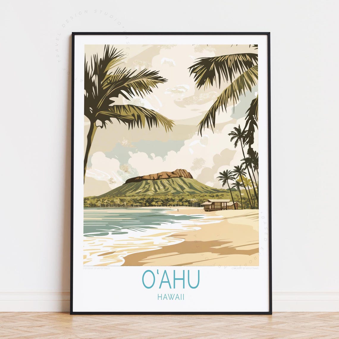 Oahu Hawaii Diamond Head Volcano Beach Palm Trees Travel Poster