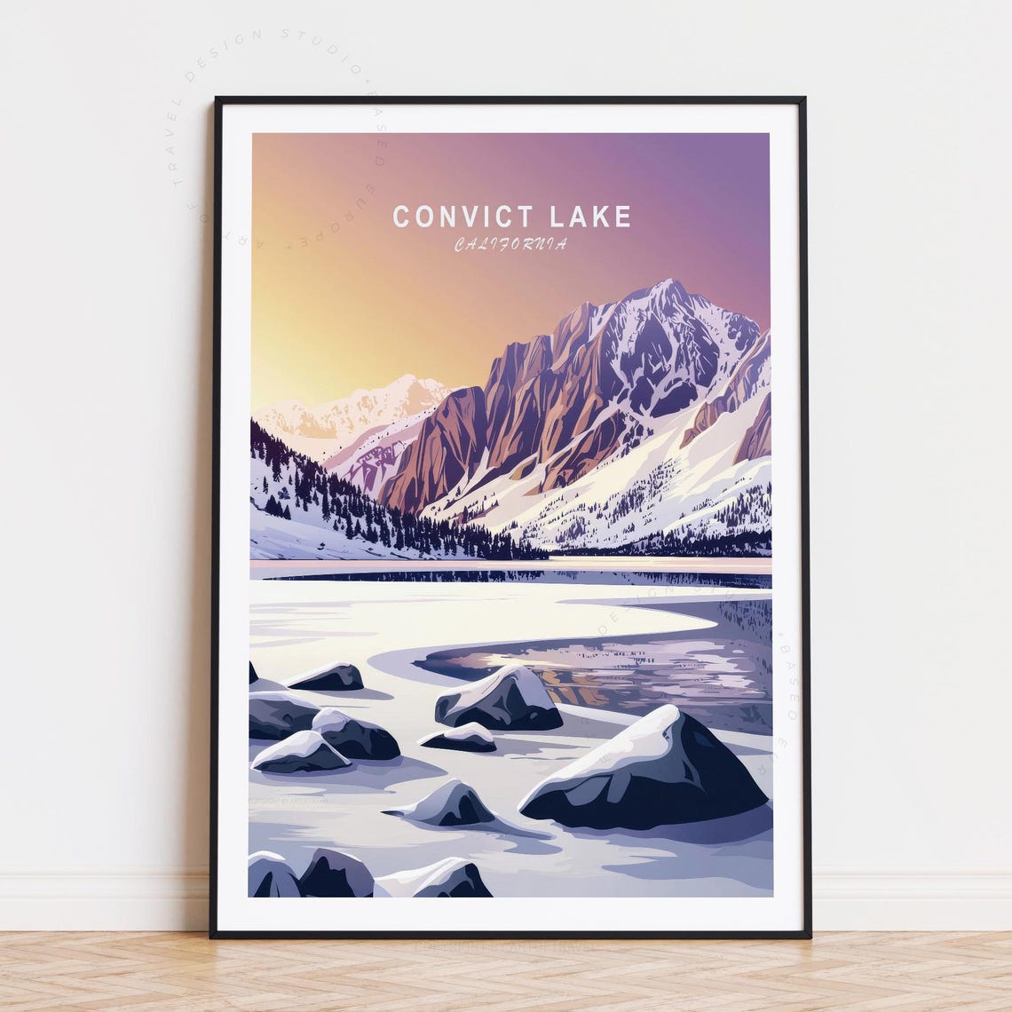 Convict Lake California Snowy Peak Sunset Minimalist Travel Poster