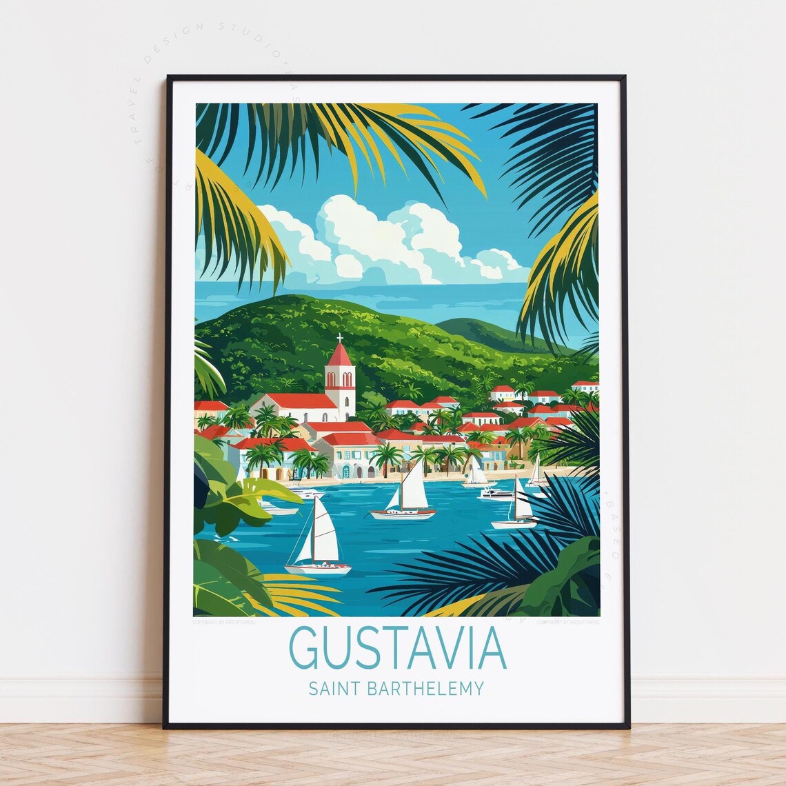 Gustavia Saint Barthelemy Harbor Sailboats Palm Fronds Travel Poster