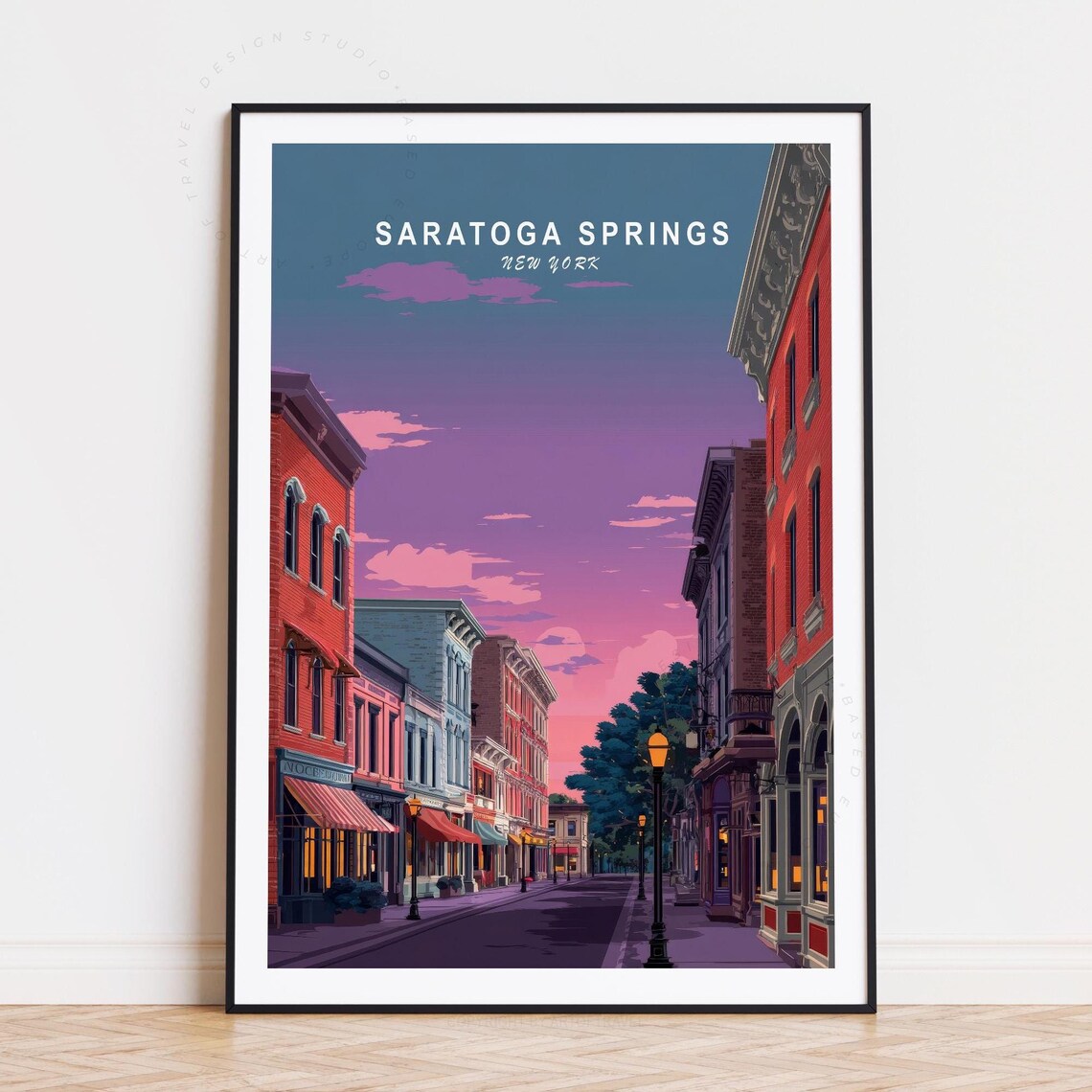 Saratoga Springs New York Lamplit Street Vintage Travel Poster