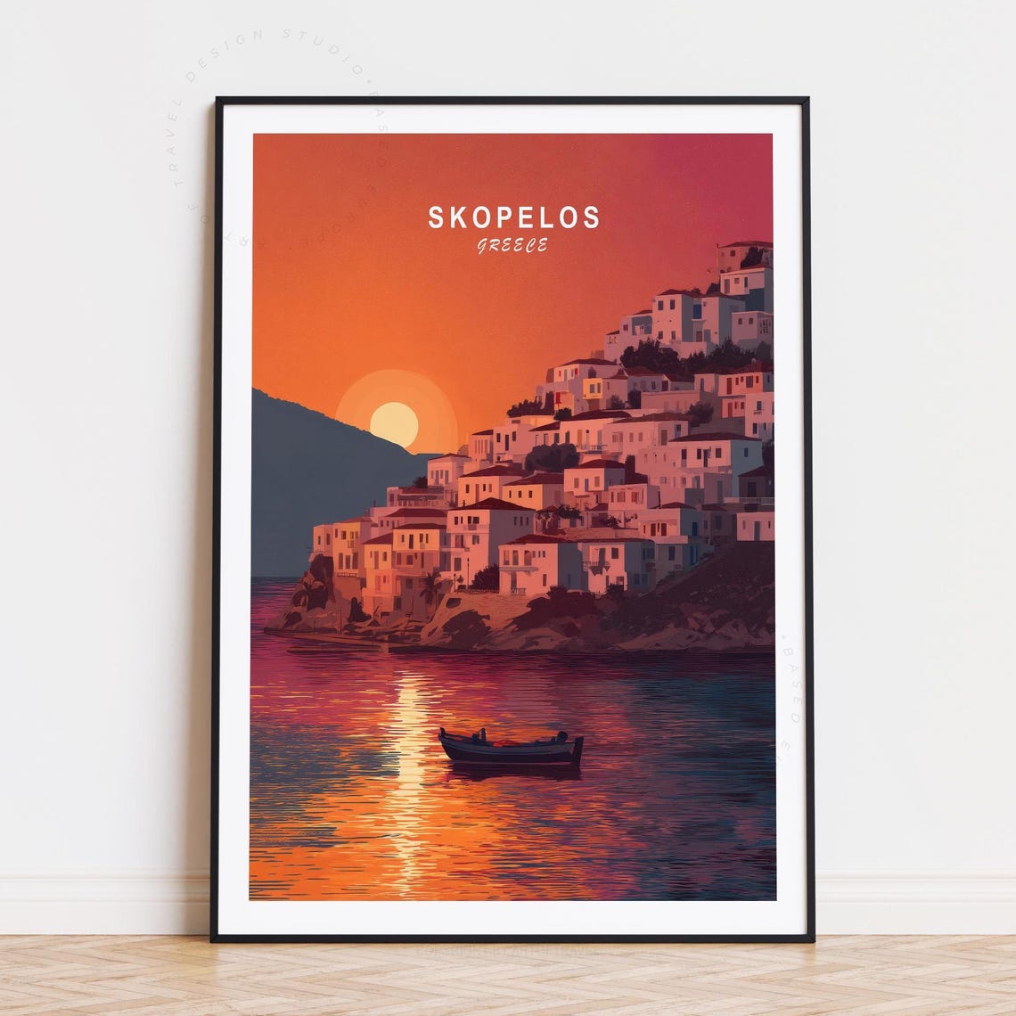 Skopelos Greece Sunset Village Harbor Orange Sky Boat Poster