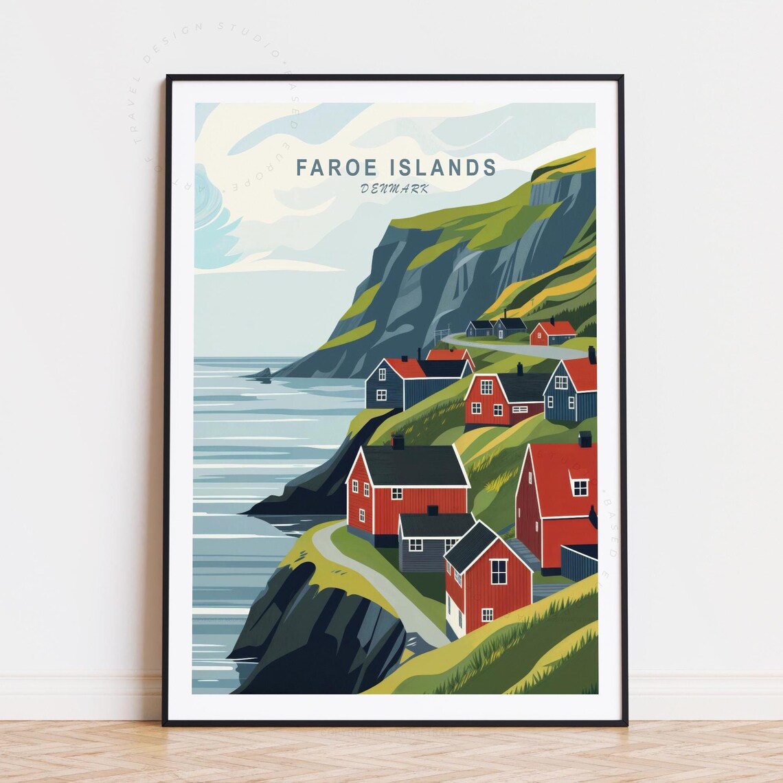 Faroe Islands Denmark Red Cliffside Cottages Vintage Travel Art Poster
