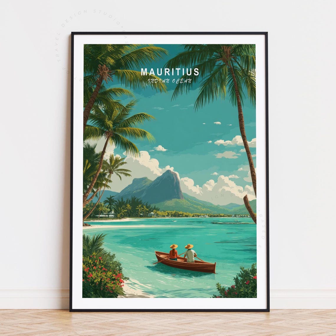 Mauritius Indian Ocean Palm Beach Canoe Retro Travel Art Poster