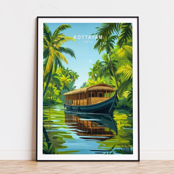 Kottayam India Backwater Houseboat among Coconut Palms Poster