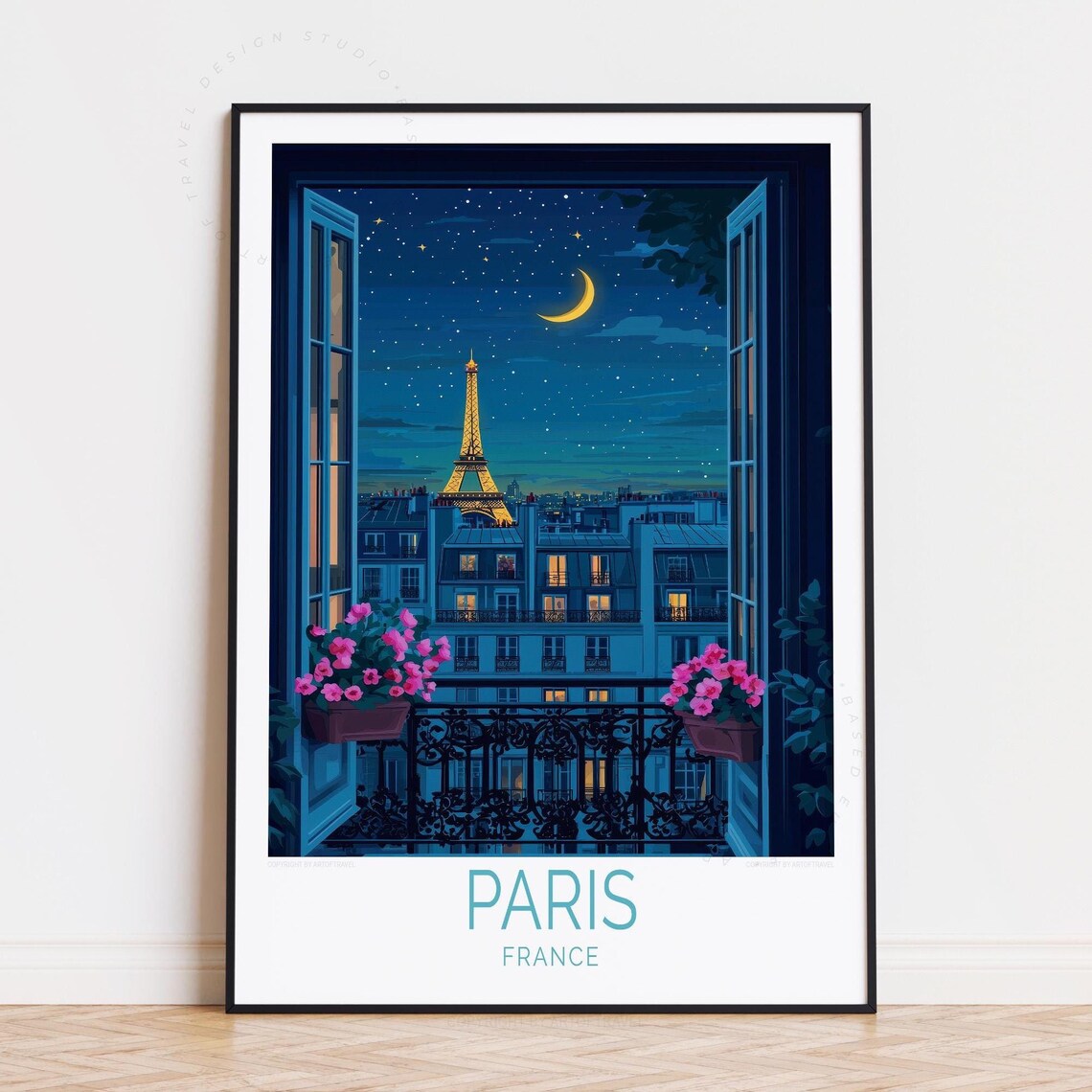Paris France Eiffel Tower Night Balcony Moon Stars Travel Poster