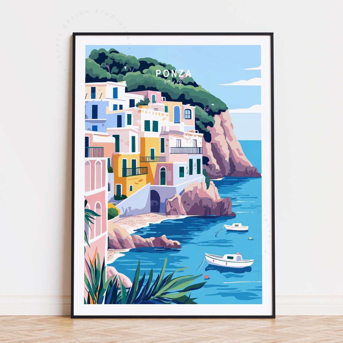 Ponza Italy Pastel Cliffside Houses Above a Bright Blue Cove Poster