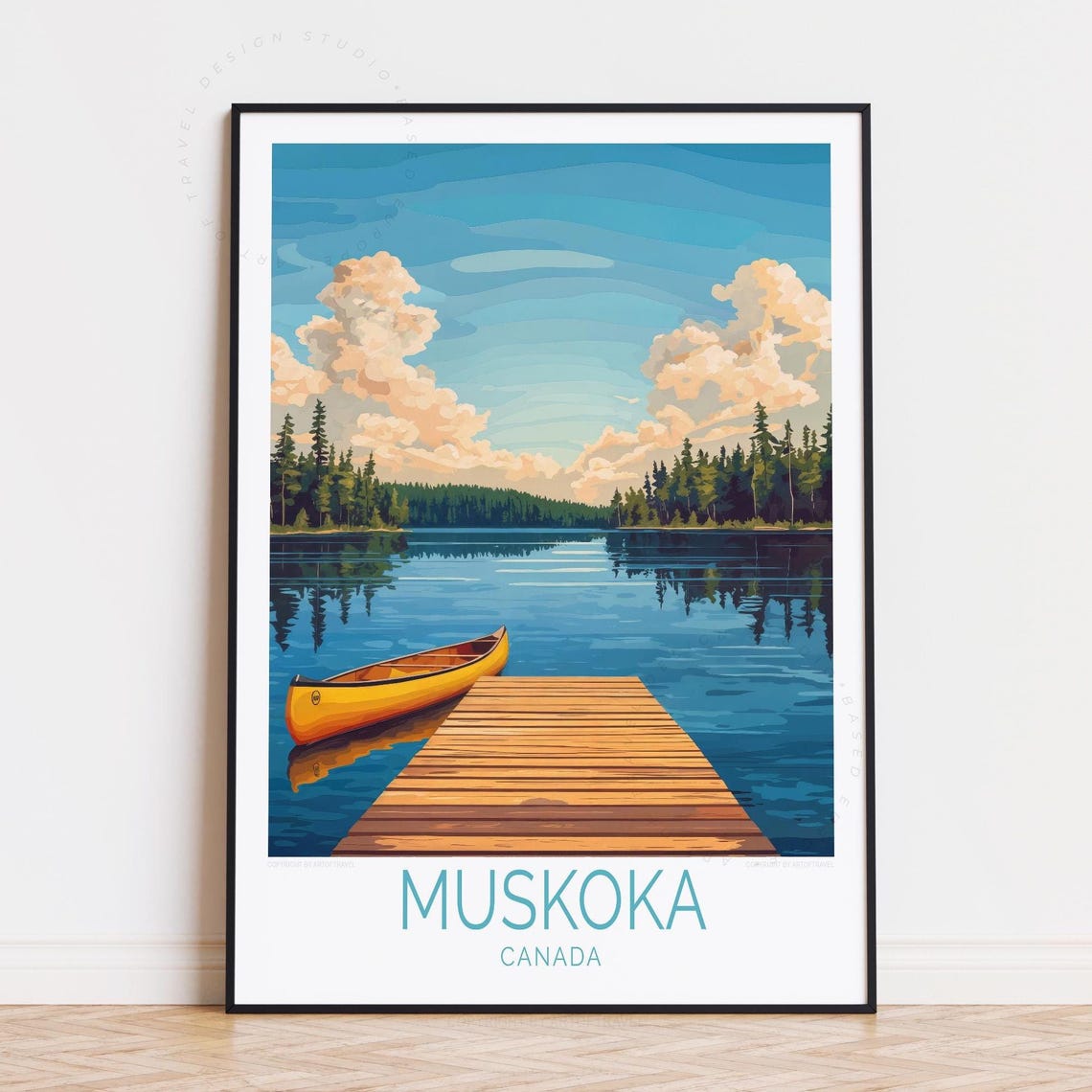Muskoka Canada Yellow Canoe by Wooden Dock Summer Lake Poster