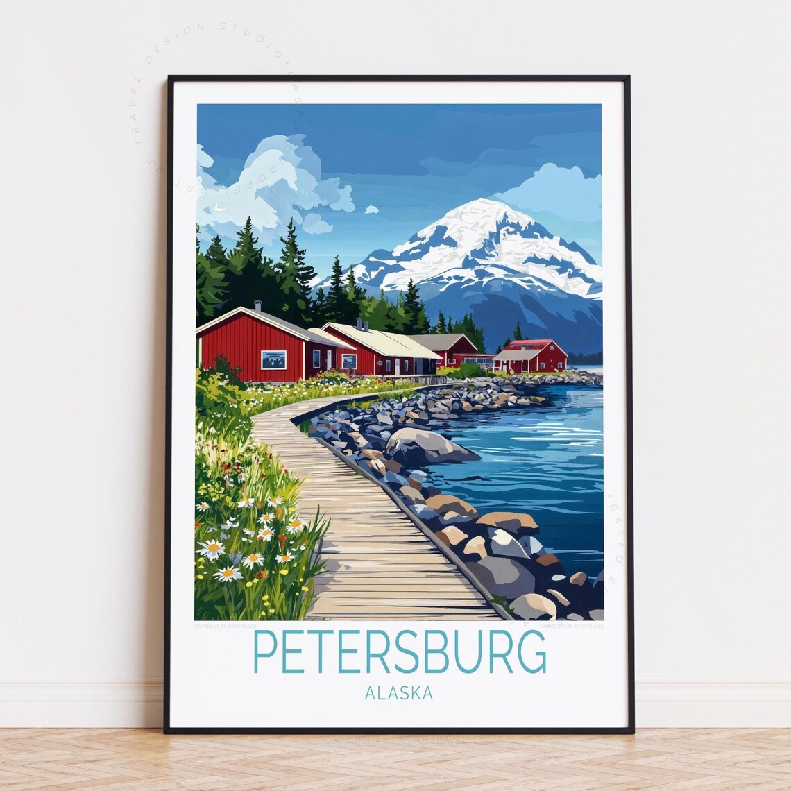 Petersburg Alaska Red Fishing Cabins Boardwalk Harbor Retro Poster