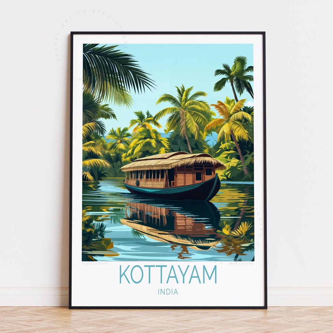 Kottayam India Houseboat in Green Palm Backwater Channel Poster