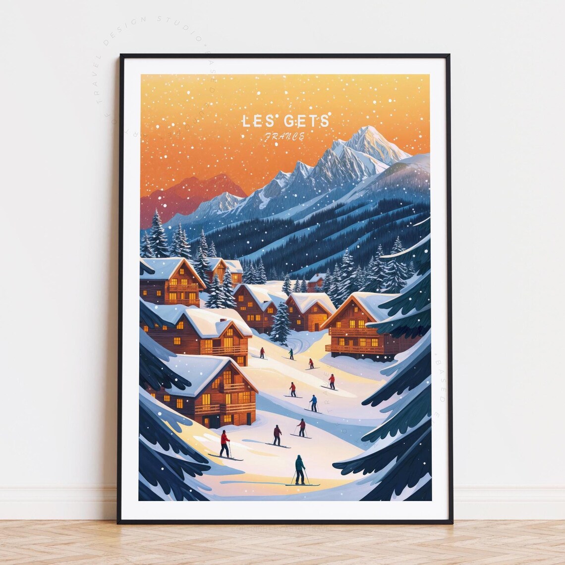 Les Gets France Alpine Chalets and Skiers Vintage Travel Poster