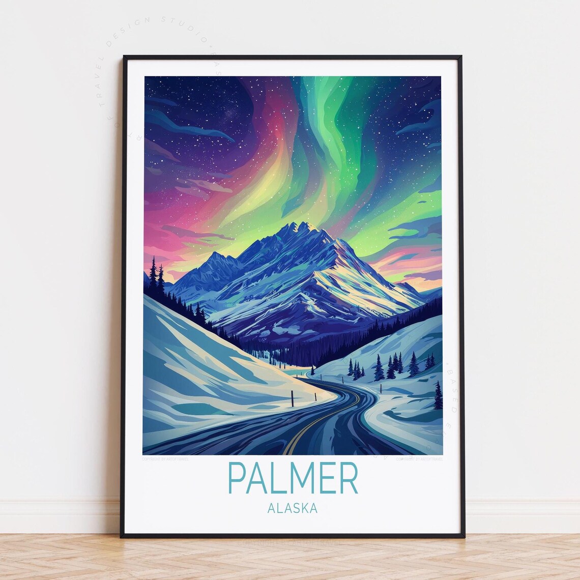 Palmer Alaska Northern Lights Mountain Road Night Sky Travel Poster
