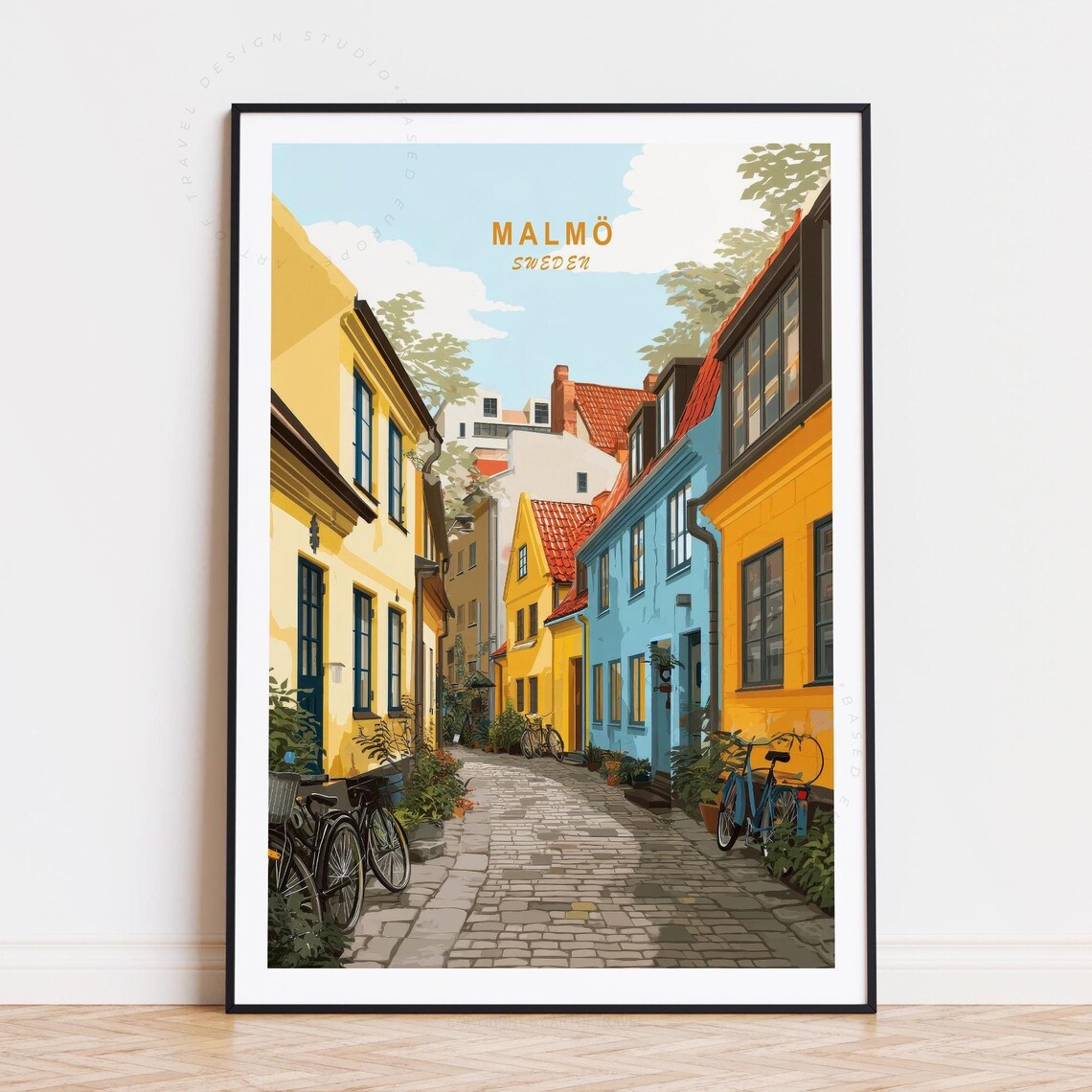 Malmo Sweden Old Town Cobblestone Street Vintage Travel Poster