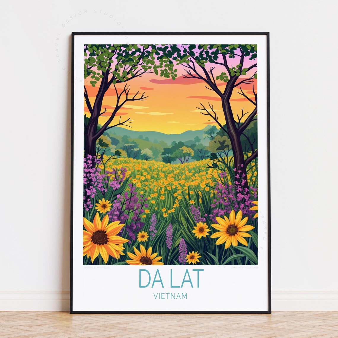 Da Lat Vietnam Sunflower Field at Sunset during Golden Hour Poster
