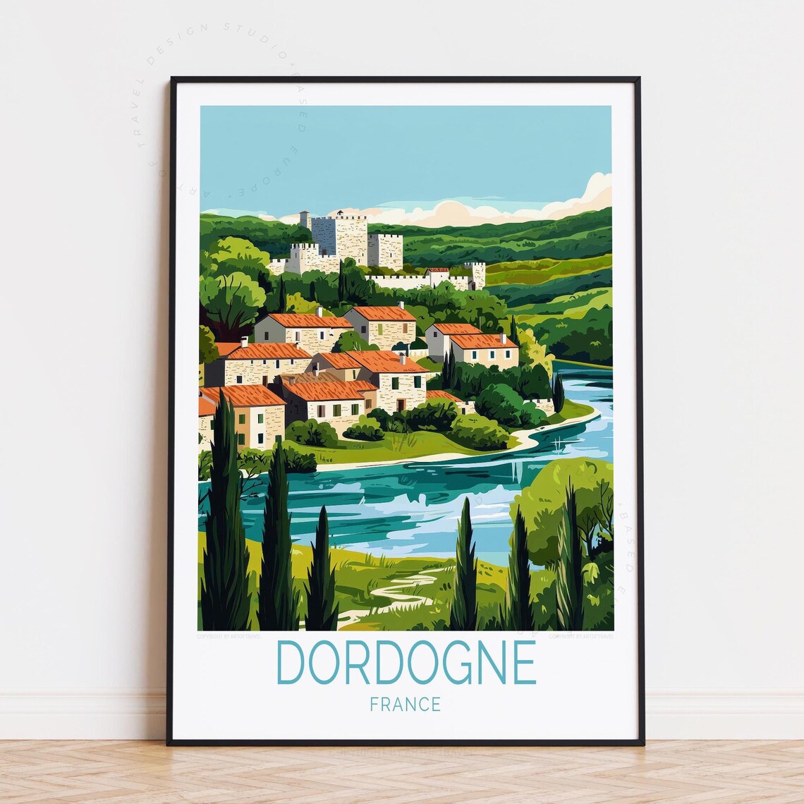 Dordogne France Hilltop Castle Riverside Village View Poster