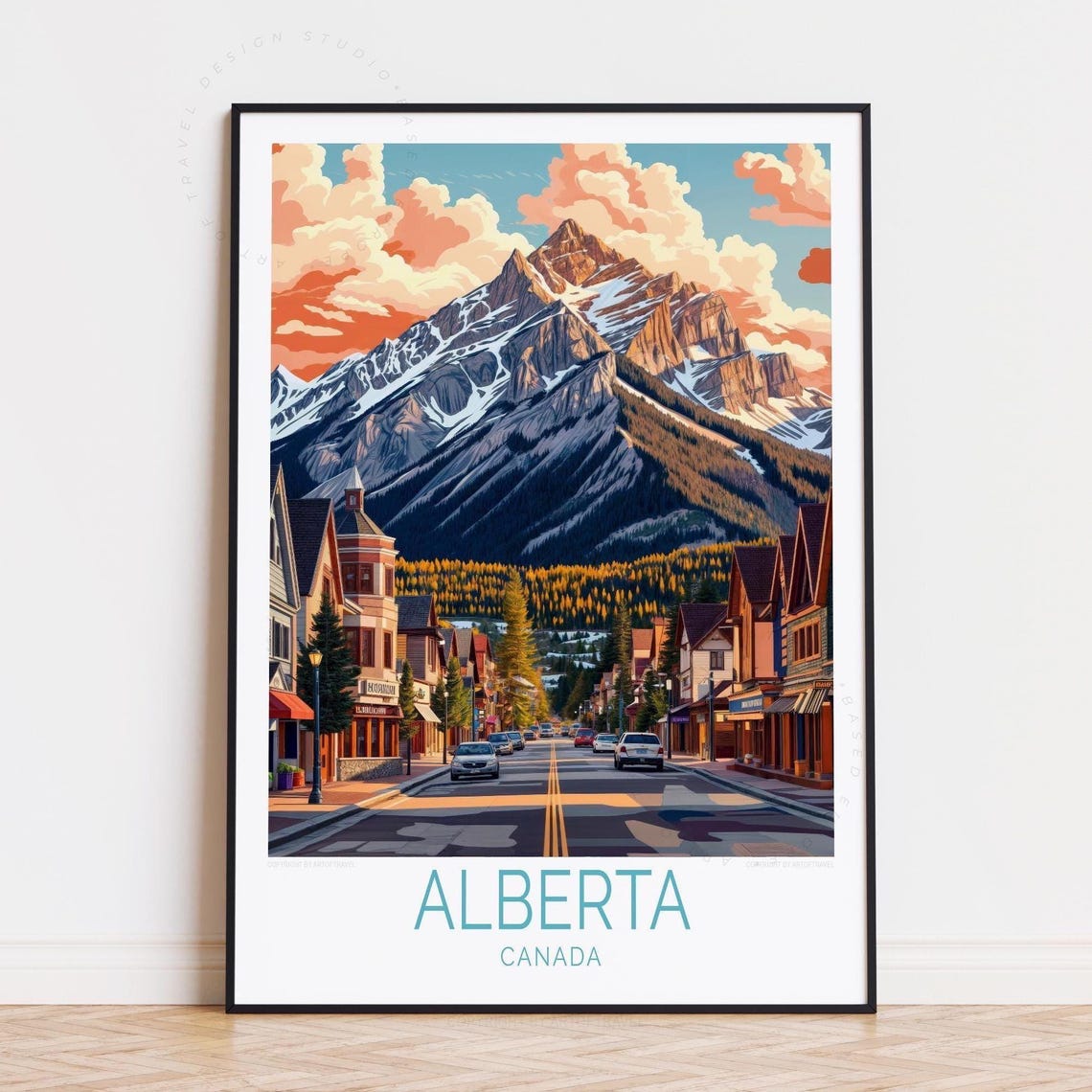 Alberta Canada Mountain Town Street Snowy Peak Sunset Clouds Poster