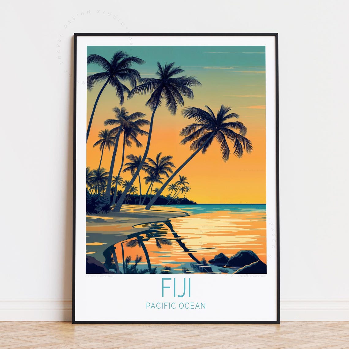 Fiji Pacific Ocean Palm Silhouettes Orange Sunset Lagoon Shore Poster
