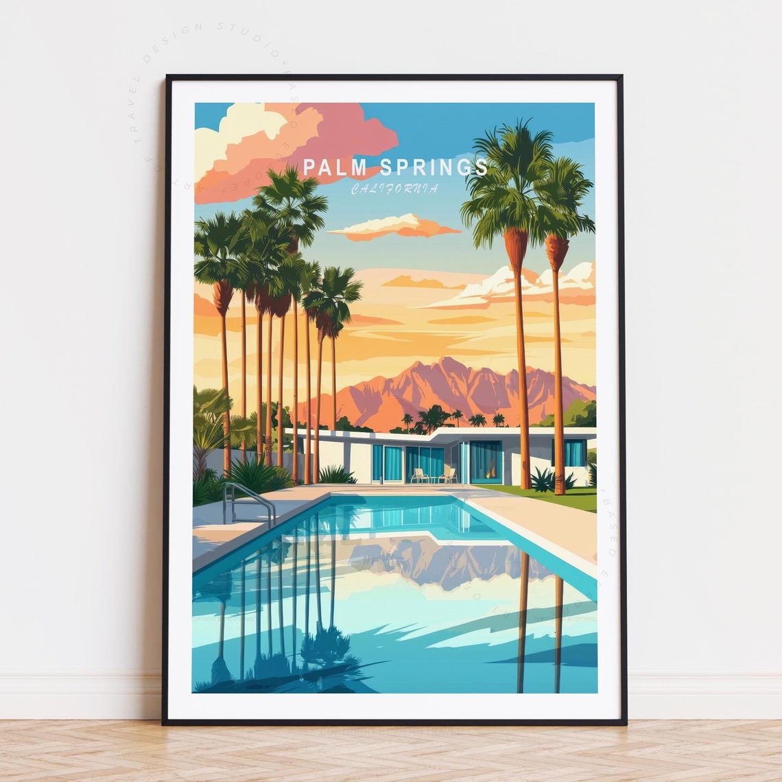 Palm Springs California Sunset Pool Villa Palm Trees Travel Poster