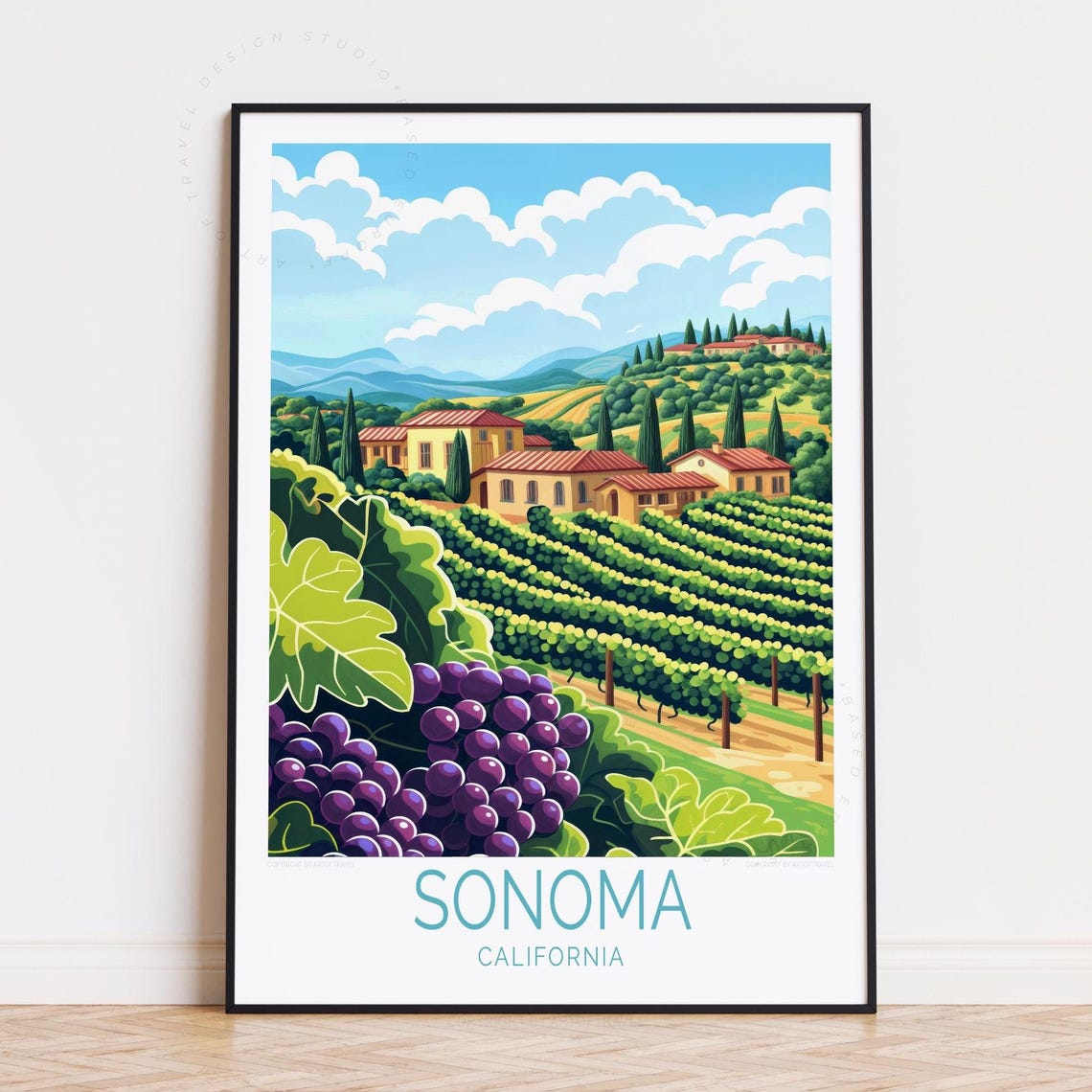 Sonoma California Vineyard Grapes Rolling Hills Travel Poster