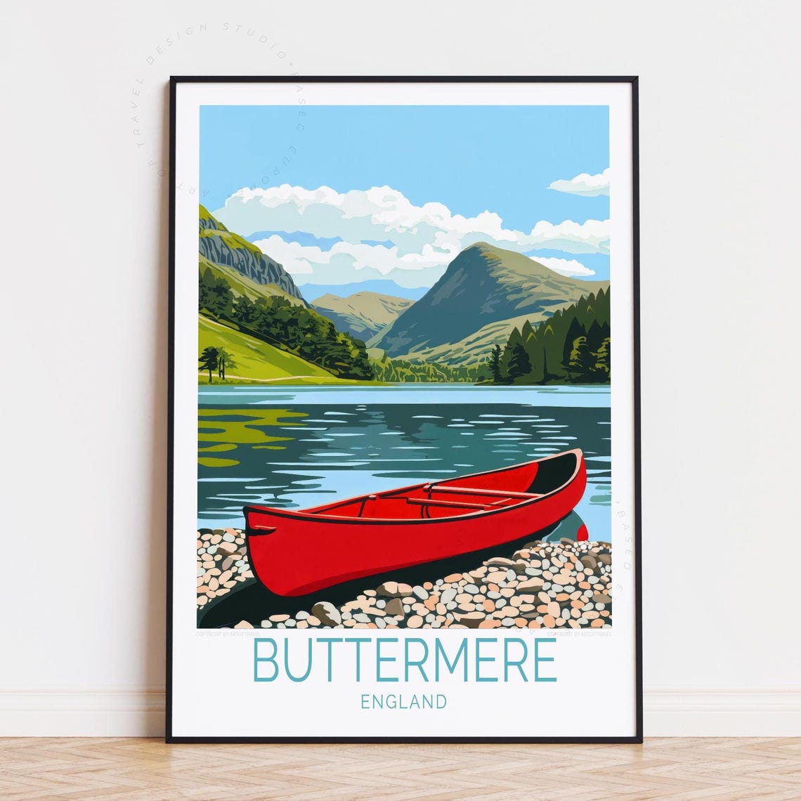 Buttermere England Red Canoe Pebble Shore Mountain Lake Travel Poster