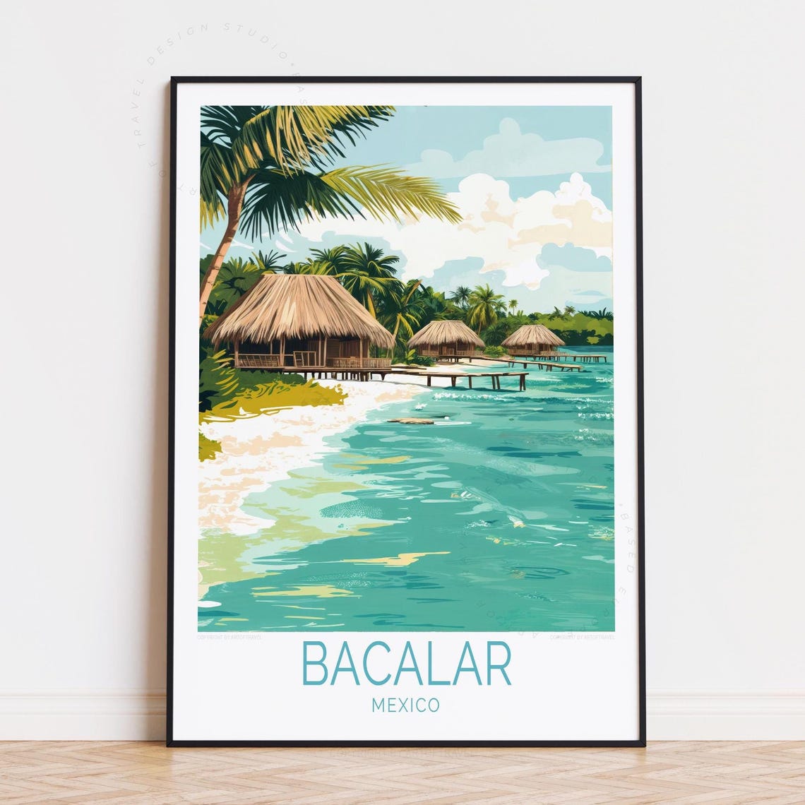 Bacalar Mexico Thatched Huts Lagoon Turquoise Water Travel Poster