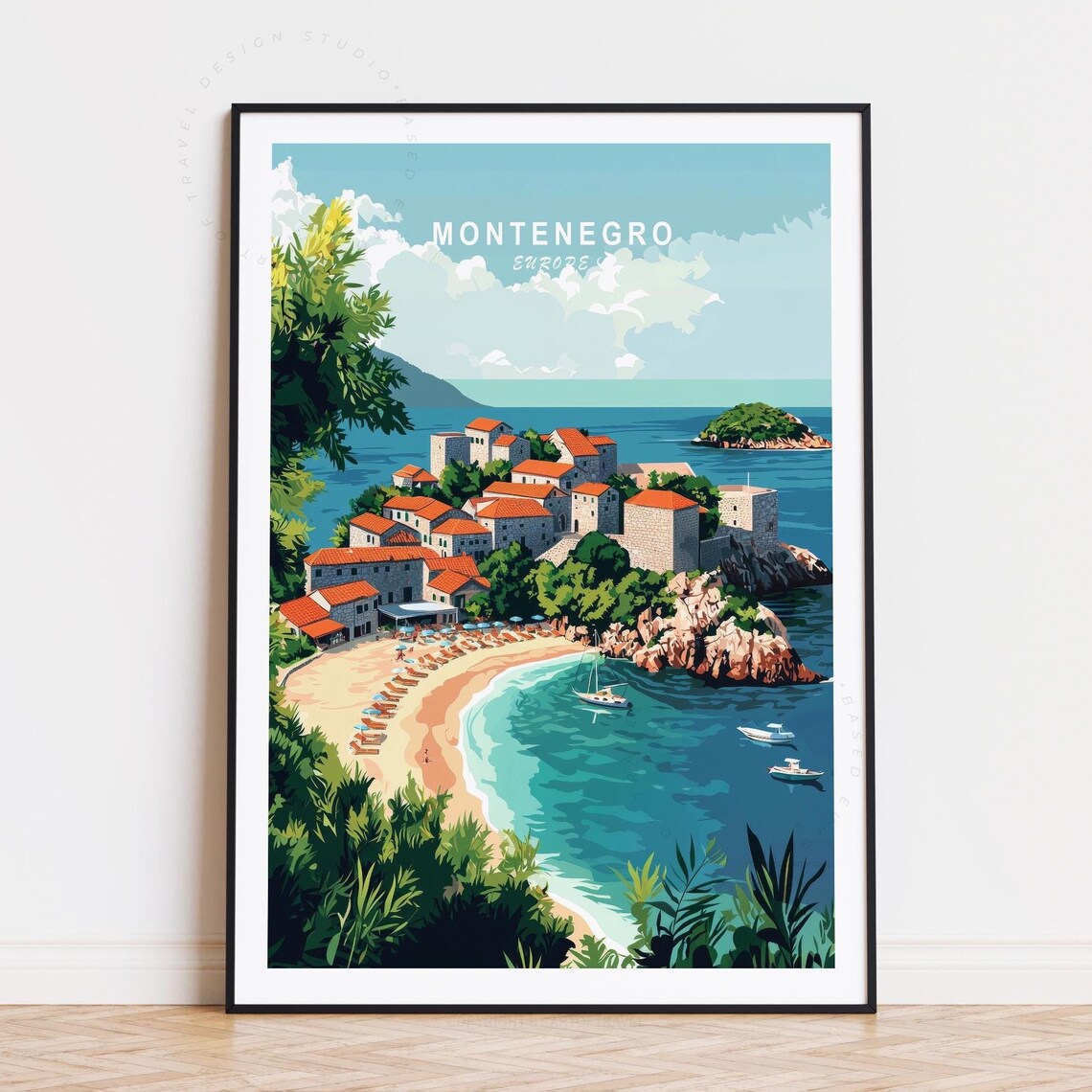 Montenegro Europe Coastal Old Town Red Roofs Beach Travel Poster