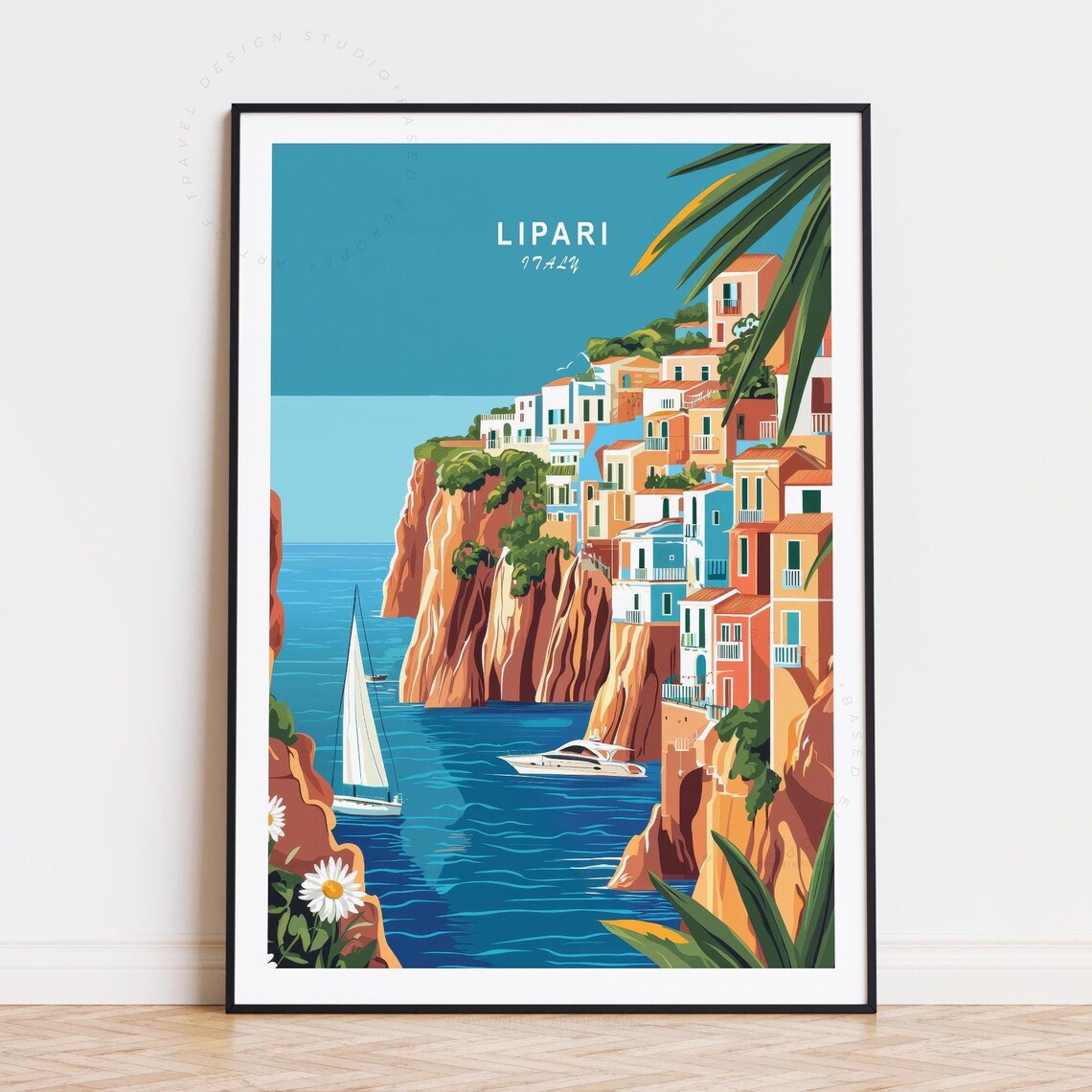 Lipari Italy Colorful Cliffside Village Sea View Retro Travel Poster
