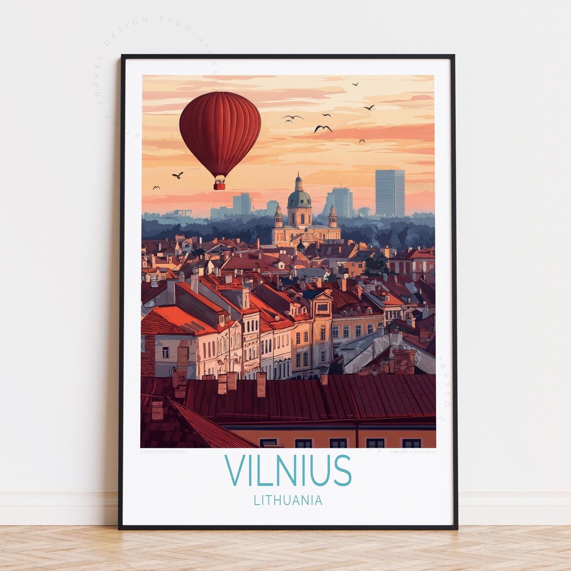 Vilnius Lithuania Old Town Hot Air Balloon Sunset Cityscape Poster